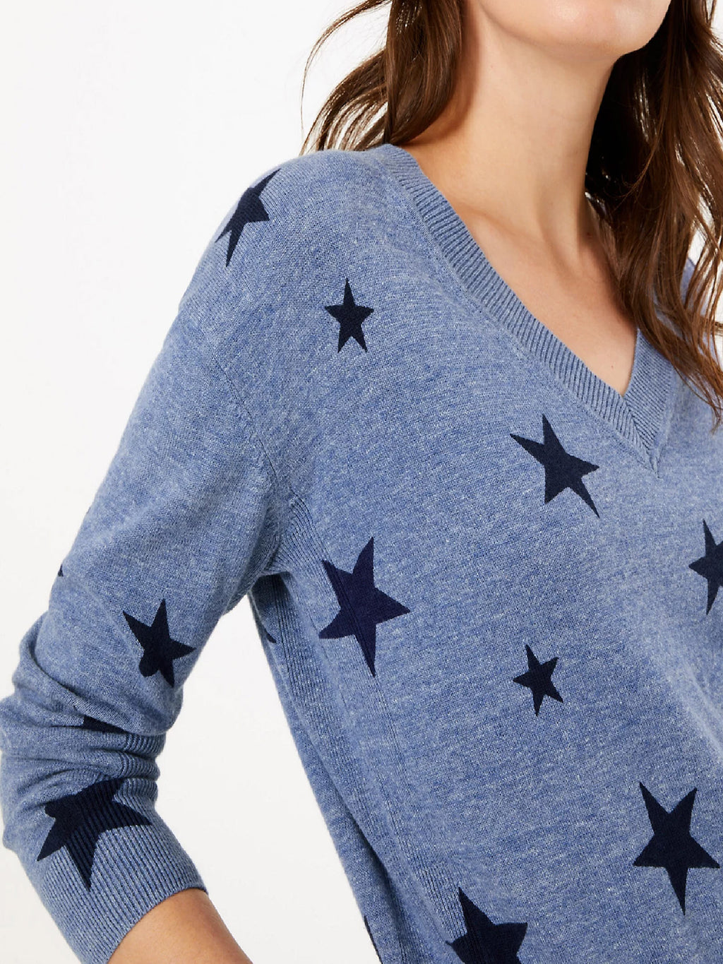 Ladies Blue Pure Cotton Knit Star Print V-Neck Long Sleeve Womens Jumper