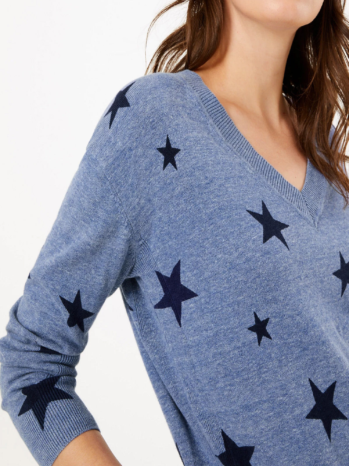 Ladies Blue Pure Cotton Knit Star Print V-Neck Long Sleeve Womens Jumper