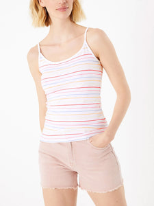 Ladies White Multi Color Striped Cotton Spaghetti Strap Camisole Top