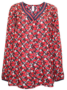 Ladies Geo Print Woven Long Sleeve Pleated Back Plus Size Tops