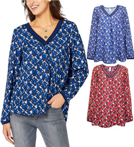 Ladies Geo Print Woven Long Sleeve Pleated Back Plus Size Tops