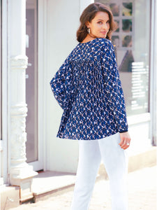 Ladies Geo Print Woven Long Sleeve Pleated Back Plus Size Tops