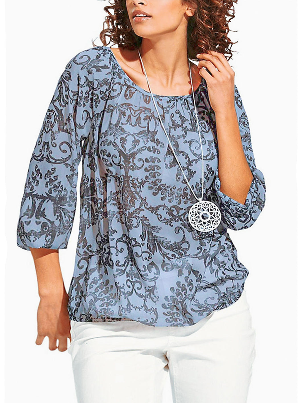 Ladies Floral Gypsy Relax Fit Long Sleeve Tunic Tops