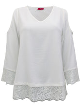 Load image into Gallery viewer, Ladies Ivory V-Neck Lace Hem Jersey Crepe Long Sleeve Tunic Top
