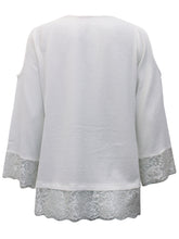 Load image into Gallery viewer, Ladies Ivory V-Neck Lace Hem Jersey Crepe Long Sleeve Tunic Top
