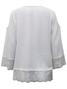 Ladies Ivory V-Neck Lace Hem Jersey Crepe Long Sleeve Tunic Top