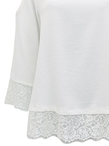 Ladies Ivory V-Neck Lace Hem Jersey Crepe Long Sleeve Tunic Top