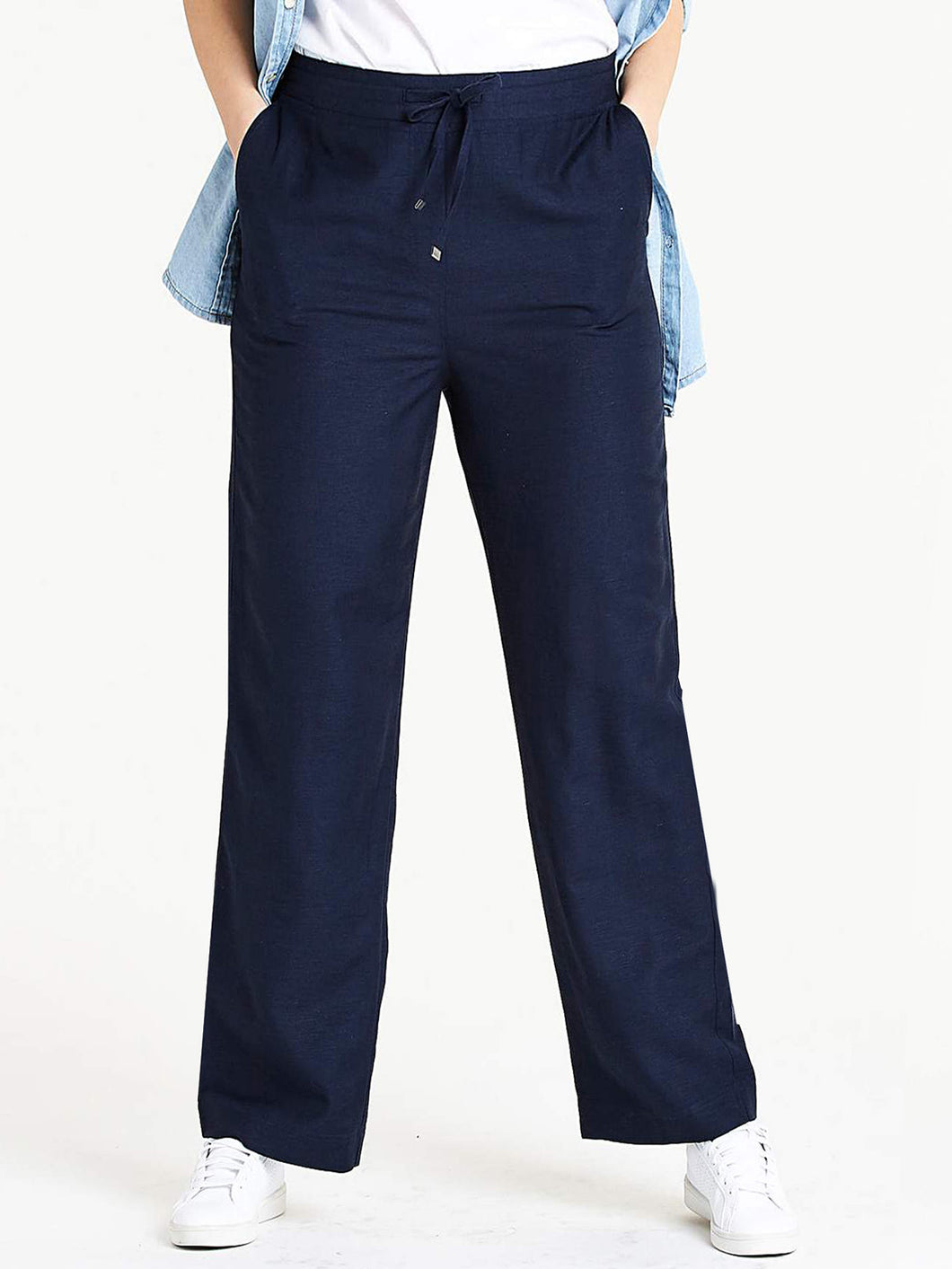 Ladies Capsule Navy Linen Blend Back Elasticated Waist Trousers