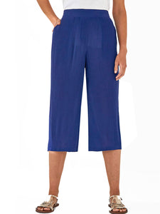 Ladies Julipa Navy Crinkle Cropped Elasticated Waist Trousers