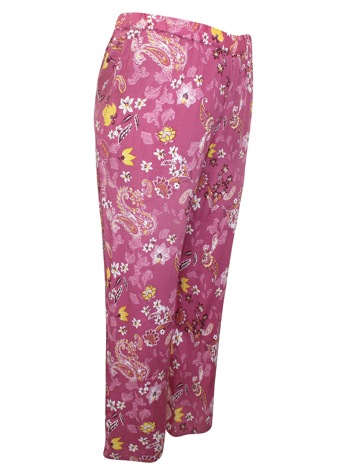 Ladies Pink Floral Print Wide Leg Elasticated Waist Cropped Trousers
