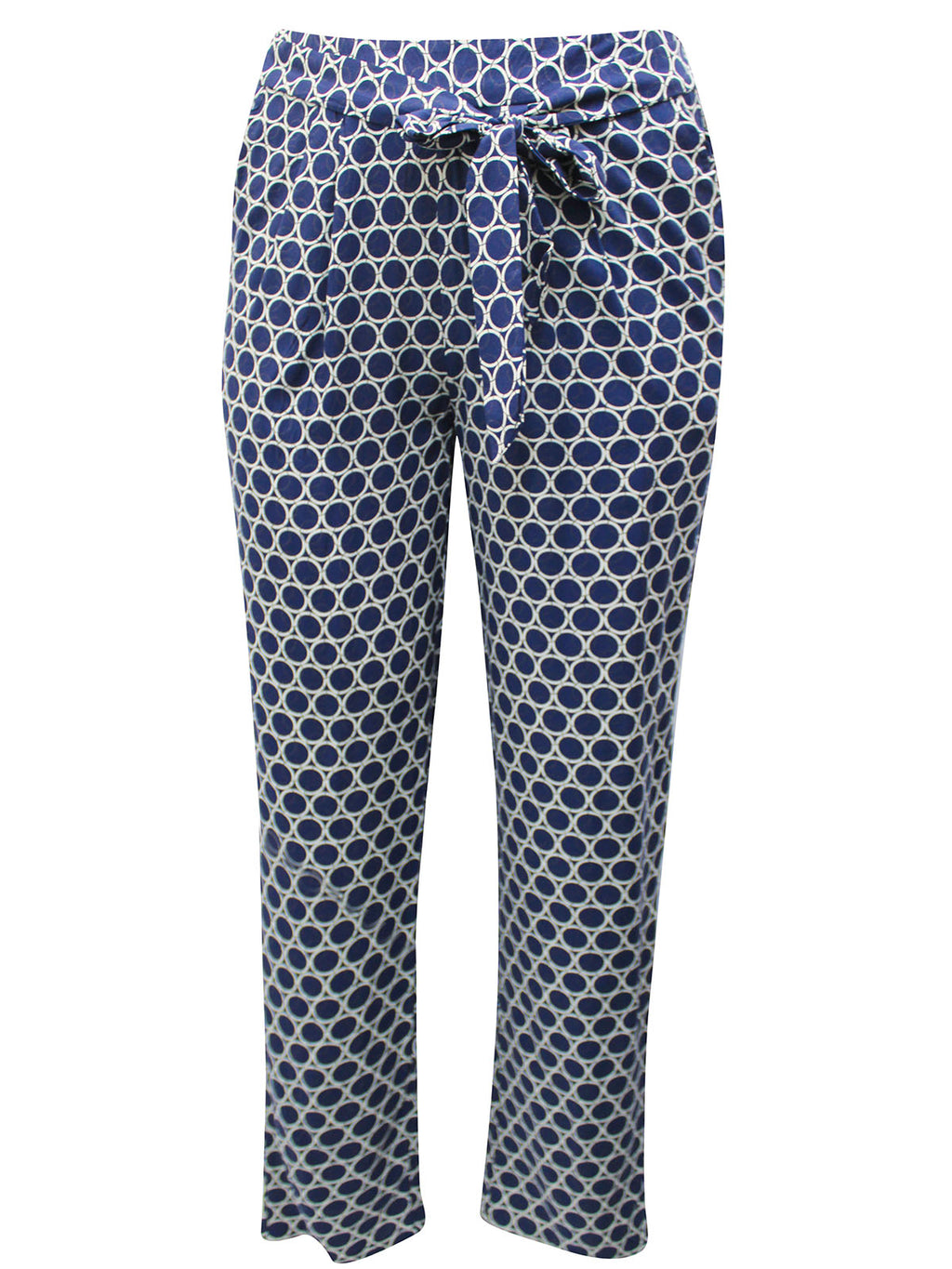Ladies Blue Circle Print Tie Belt Elasticated Waist Tapered Plus Size Trousers