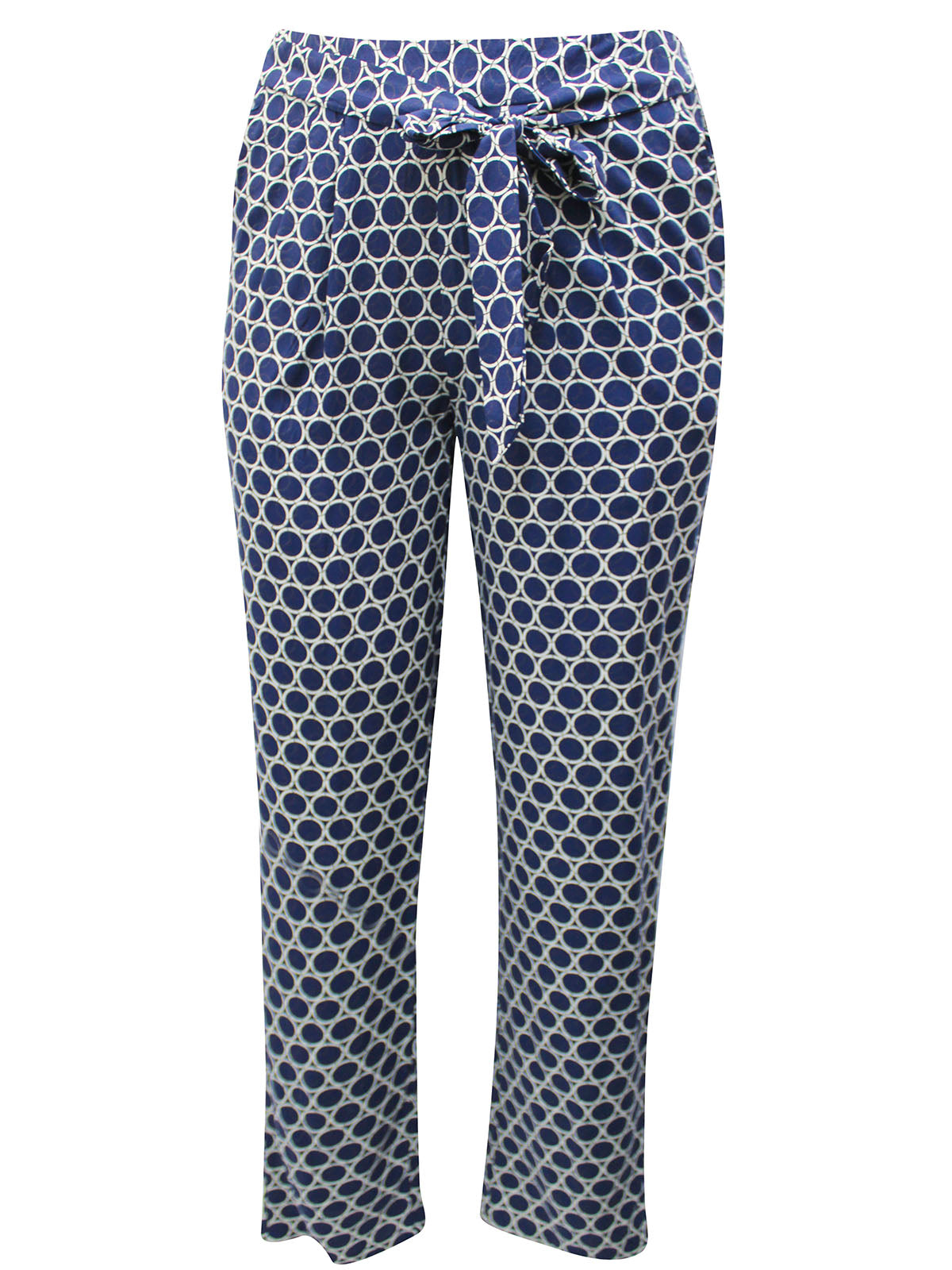 Ladies Blue Circle Print Tie Belt Elasticated Waist Tapered Plus Size Trousers