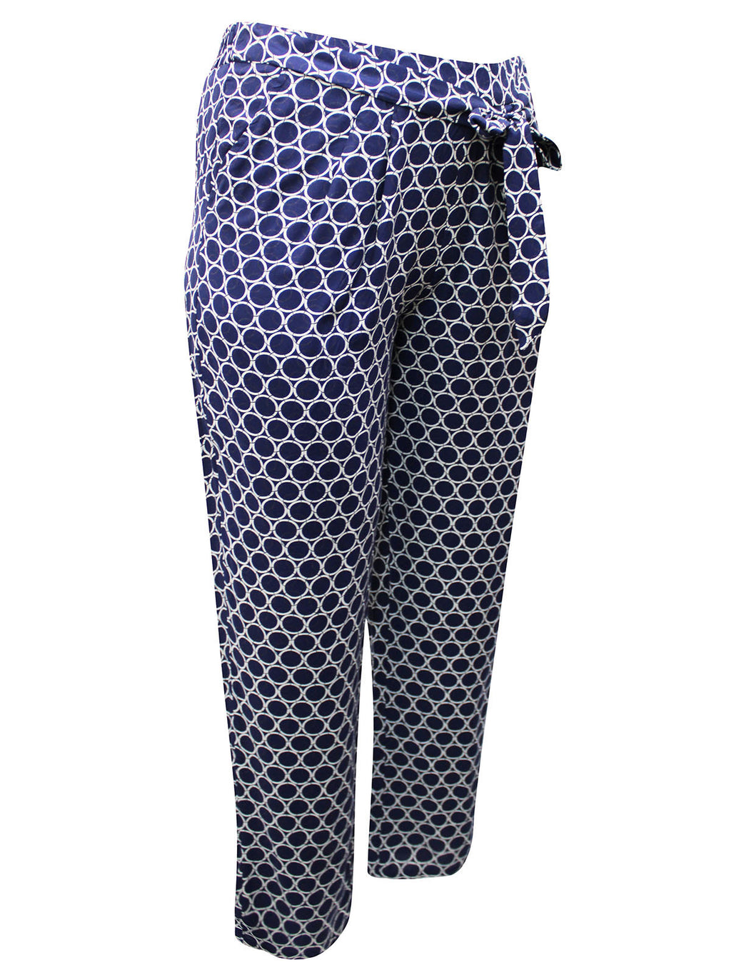 Ladies Blue Circle Print Tie Belt Elasticated Waist Tapered Plus Size Trousers