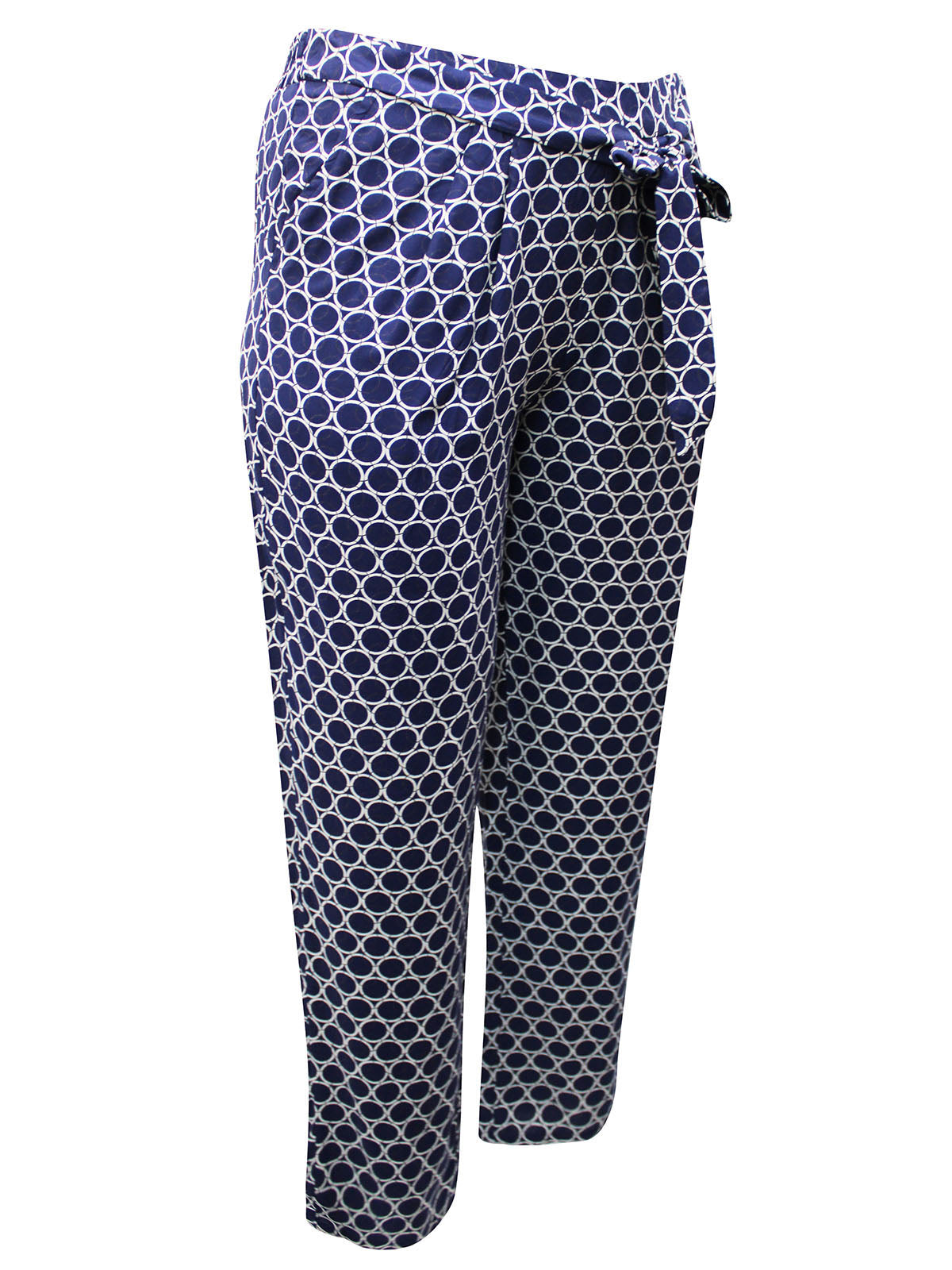 Ladies Blue Circle Print Tie Belt Elasticated Waist Tapered Plus Size Trousers