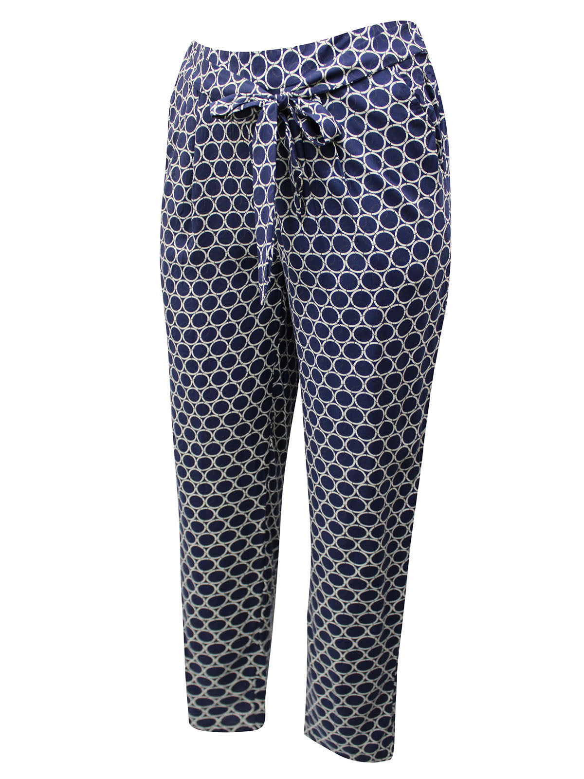 Ladies Blue Circle Print Tie Belt Elasticated Waist Tapered Plus Size Trousers