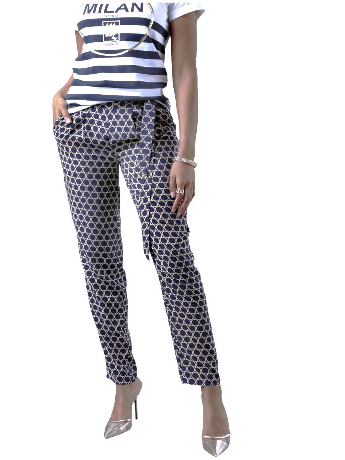 Ladies Blue Circle Print Tie Belt Elasticated Waist Tapered Plus Size Trousers