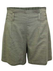Ladies Khaki Pure Cotton Paperbag Back Elasticated Waist Shorts