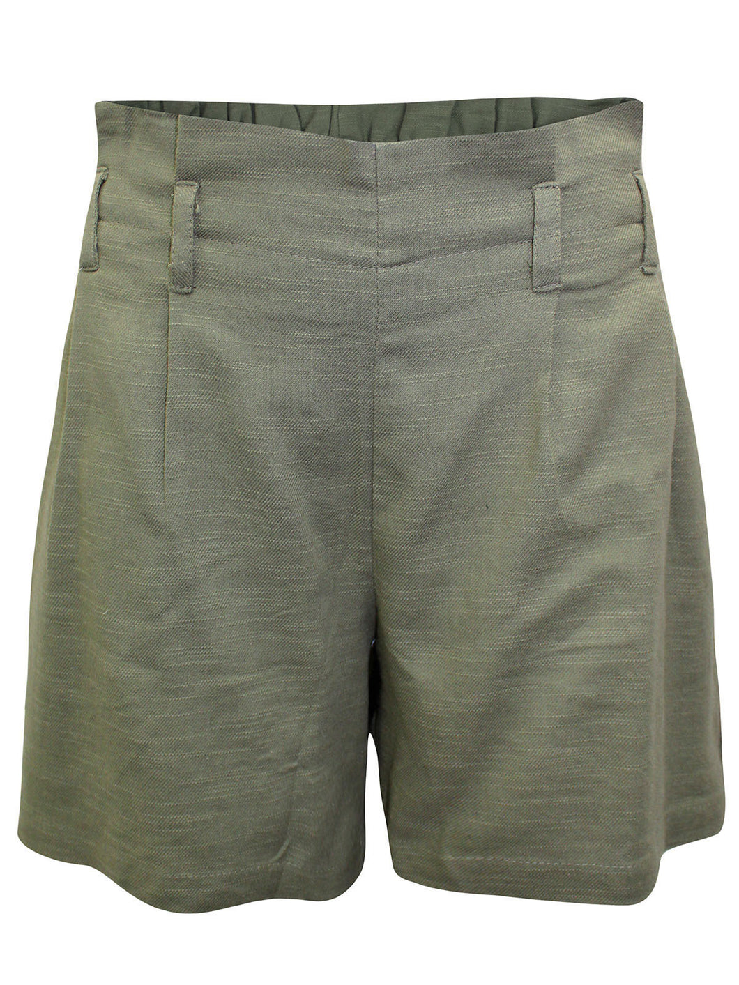 Ladies Khaki Pure Cotton Paperbag Back Elasticated Waist Shorts