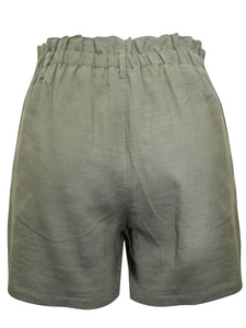 Ladies Khaki Pure Cotton Paperbag Back Elasticated Waist Shorts