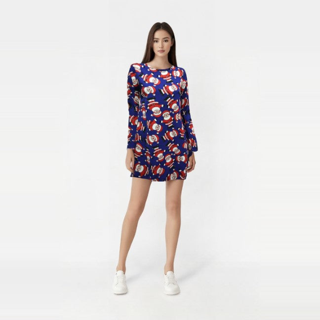 Girls Navy & Red Snowman Santa Claus Long Sleeve Swing Christmas Dress