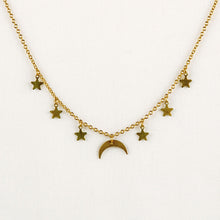 Load image into Gallery viewer, Gold Plated Celestial Moon &amp; Stars Hanging Charm Necklace
