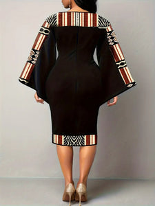 Ladies Elegant Black Geometric Print Cut out Bell Sleeve Dress