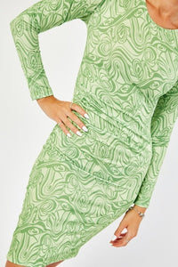 Ladies Green Abstract Print Stretchy Long Sleeve Bodycon Dress