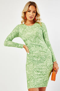 Ladies Green Abstract Print Stretchy Long Sleeve Bodycon Dress