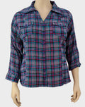 Ladies Purple PlaId Button Checked Cotton Long Sleeve Plus Size Top