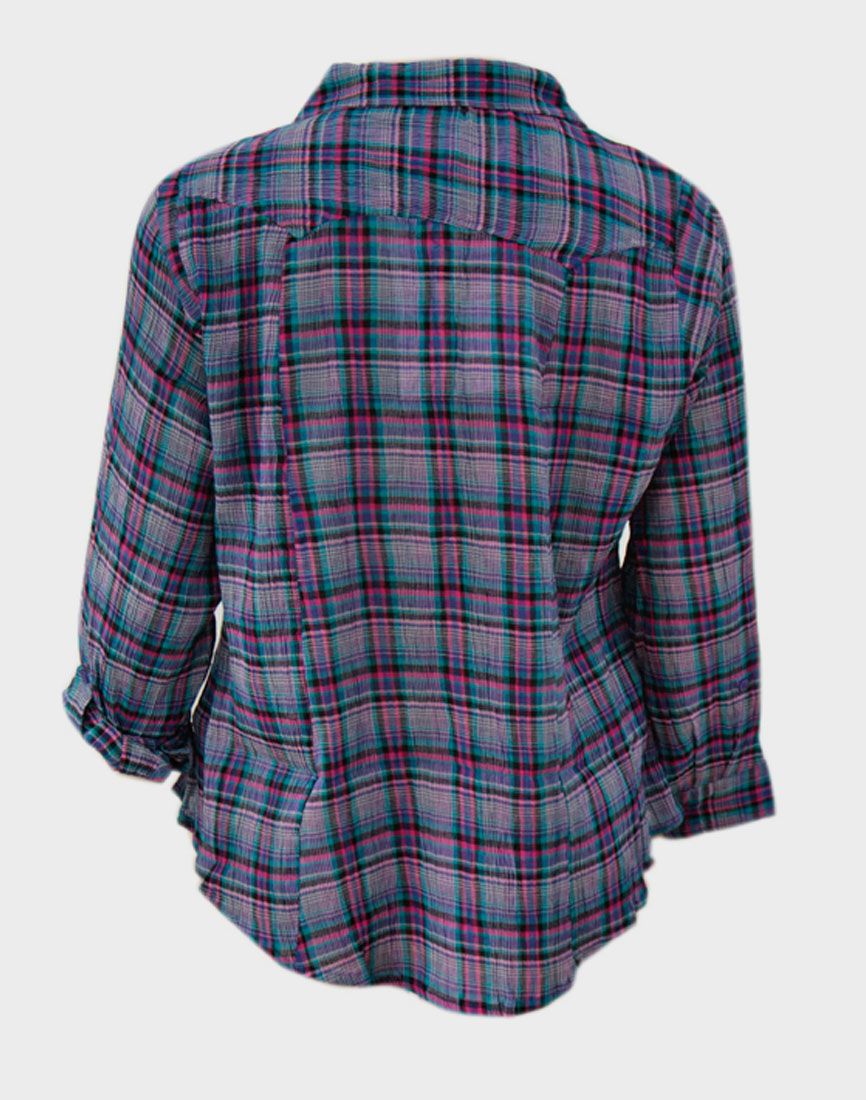 Ladies Purple PlaId Button Checked Cotton Long Sleeve Plus Size Top
