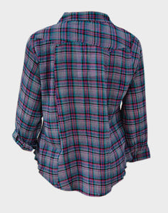 Ladies Purple PlaId Button Checked Cotton Long Sleeve Plus Size Top