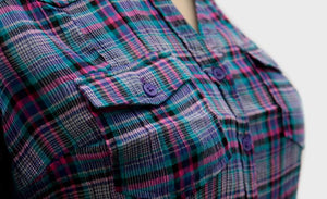 Ladies Purple PlaId Button Checked Cotton Long Sleeve Plus Size Top
