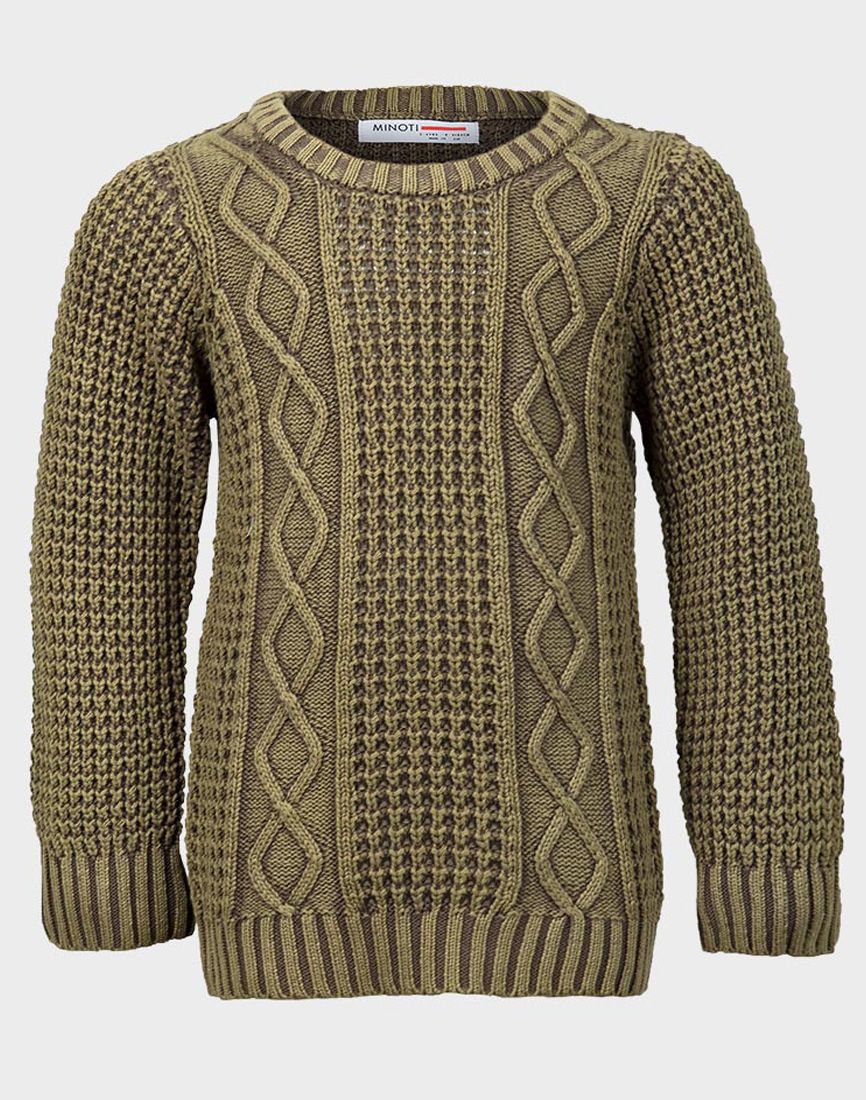 Boys Minoti Olive Wash Effect Ribbed Thick Cable Knit Cotton Long Sleeve Jumpers