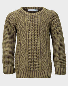 Boys Minoti Olive Wash Effect Ribbed Thick Cable Knit Cotton Long Sleeve Jumpers