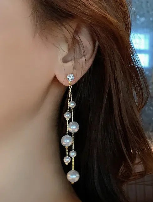 Ladies Gold Plated Simulated Pearl Double Beads Long Dangle Stud Earrings