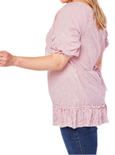 Load image into Gallery viewer, Ladies Crinkle Red &amp; White Thin Striped Ruffle Short Sleeve Tops
