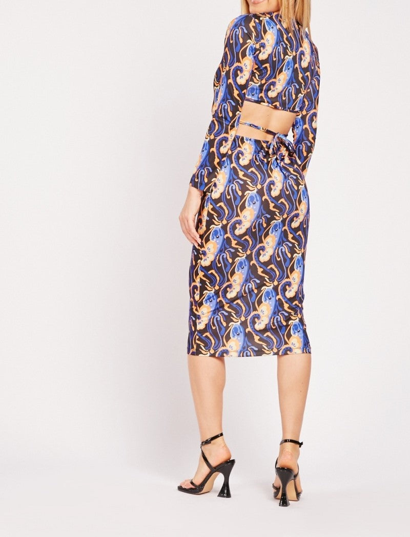 Ladies Black Multi Geometric Print Cut Out Back Bodycon Dress