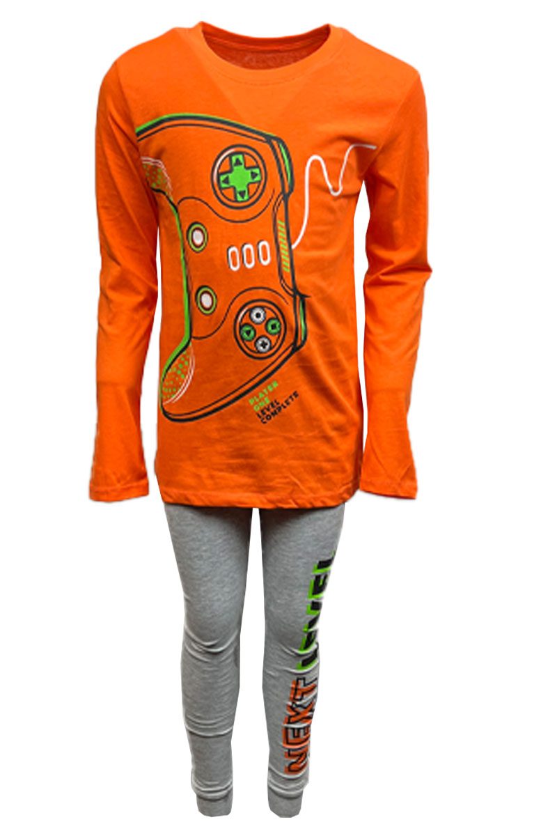 Girls Boys Orange Game On Contrast Top+Bottom Pyjamas