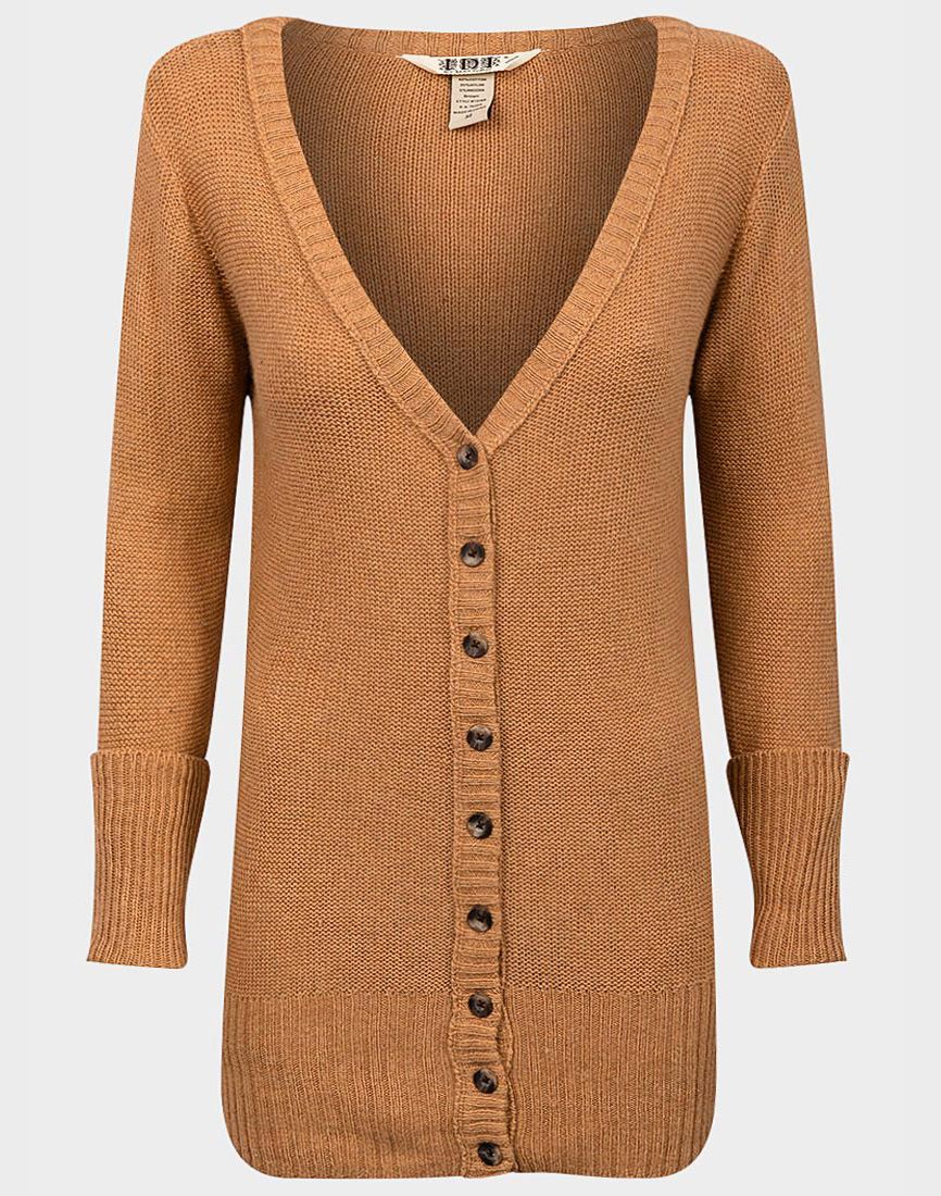 Ladies Camel Longline Ribbed V-Neck  Turn Up Sleeve Cardigan