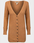 Ladies Camel Longline Ribbed V-Neck  Turn Up Sleeve Cardigan