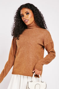 Ladies Roll Neck Knitted Stretchy Longsleeve Jumper