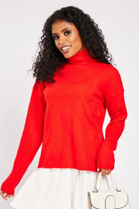 Ladies Roll Neck Knitted Stretchy Longsleeve Jumper