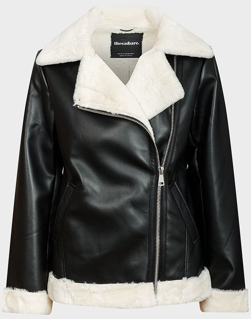 Ladies Black Threadbare Shannay Faux Fur Trim Faux Leather Aviator Jacket