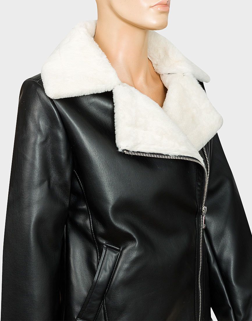 Ladies Black Threadbare Shannay Faux Fur Trim Faux Leather Aviator Jacket