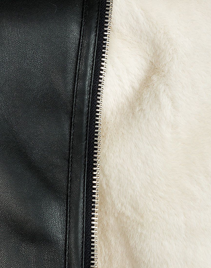 Ladies Black Threadbare Shannay Faux Fur Trim Faux Leather Aviator Jacket