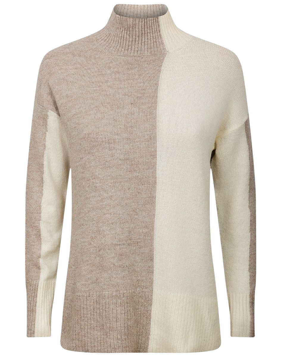 Ladies Cream & Beige Ribbed High Neck Two Tone Jumper