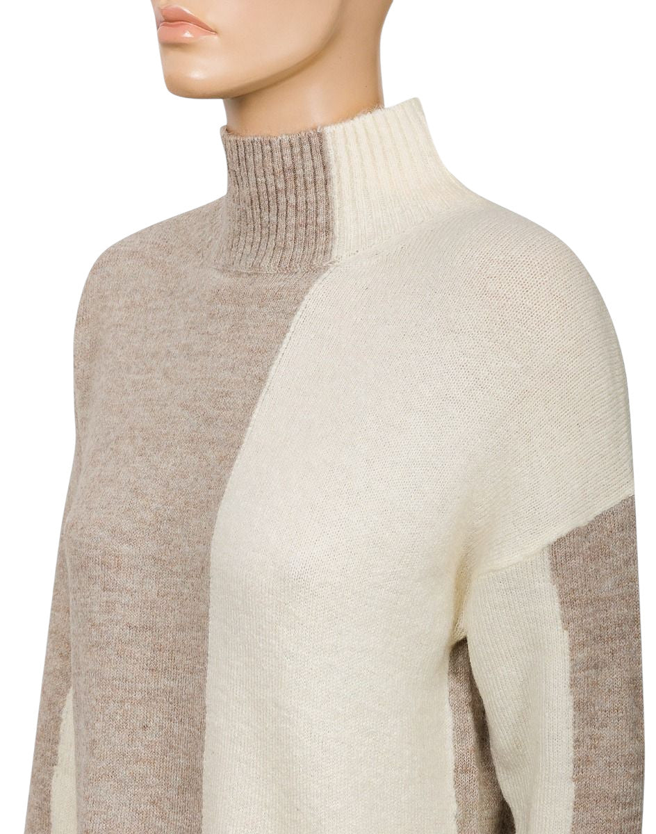 Ladies Cream & Beige Ribbed High Neck Two Tone Jumper