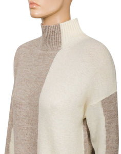 Ladies Cream & Beige Ribbed High Neck Two Tone Jumper