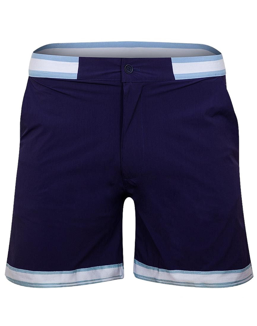 Mens Navy Stripe Trim Swimming Shorts