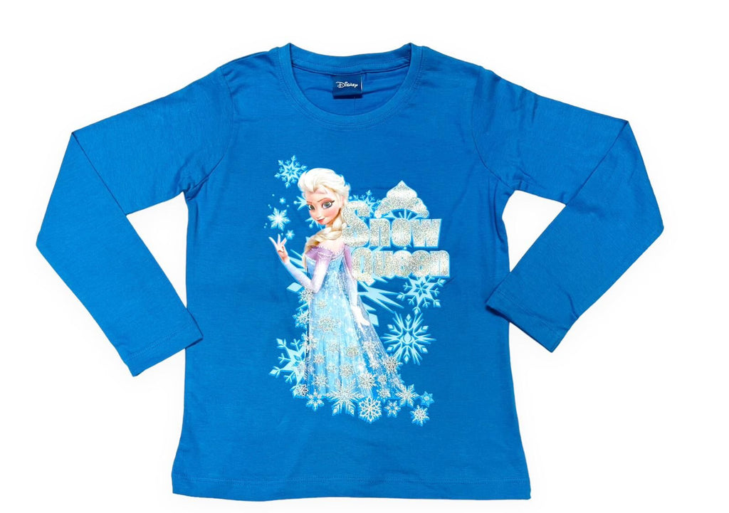 Girls Blue Official Disney Frozen Sparkly Snow Queen T-Shirt Top